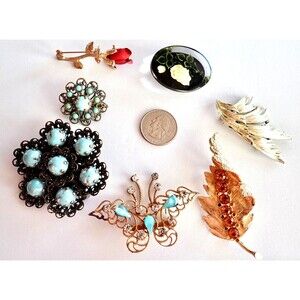 Brooch Lot of 7 Blue Poured Blue Czech Glass Silver and Gold Tone Antique & VTG